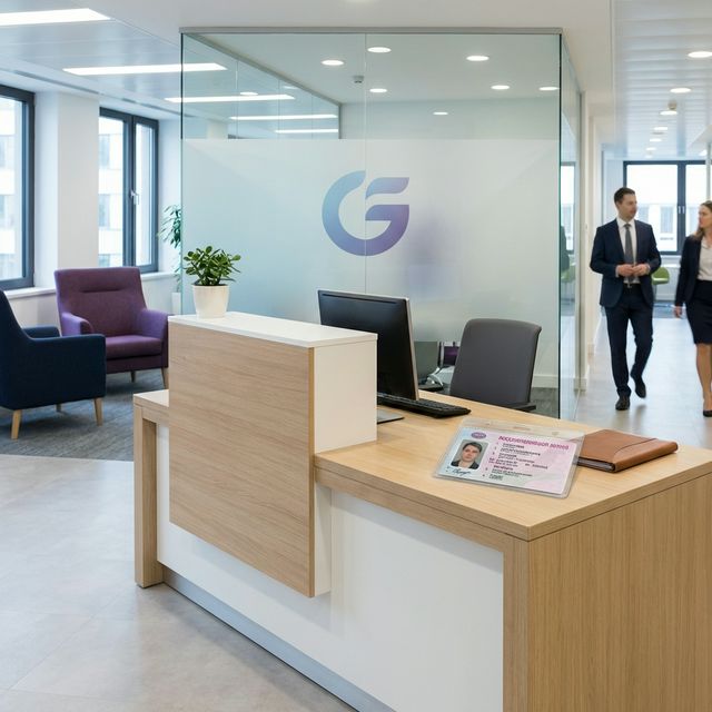 Ресепшен офиса ПраваСервис с водительским удостоверением на столе